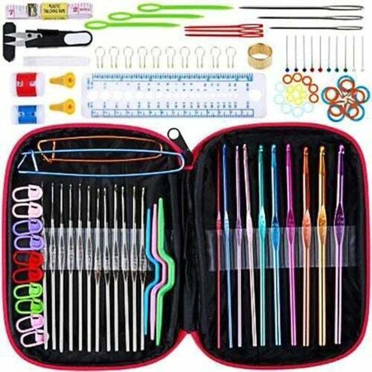 100-piece Crochet Hook Set, including yarn, knitting needles, sewing tools, and a handy zipper case.
